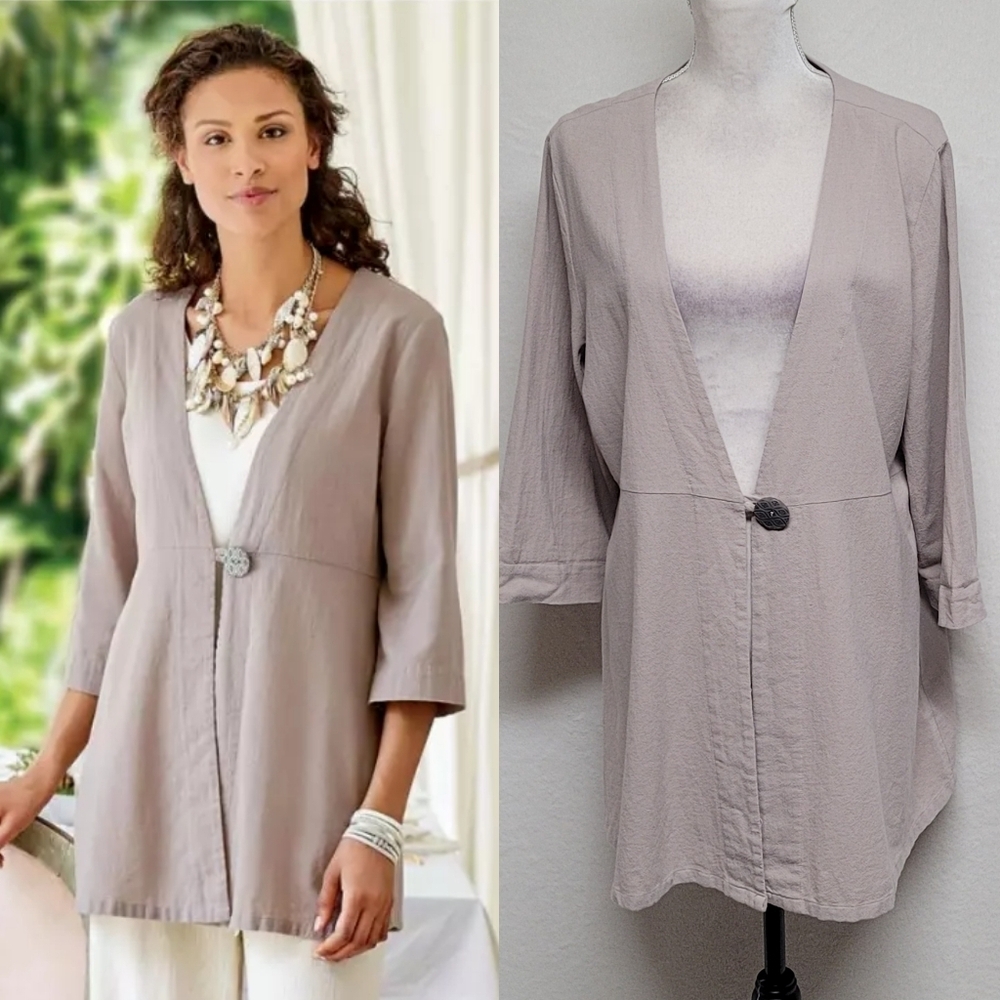 Soft Surroundings Women's Benedetta Gauze Topper Cardigan Pebble Taupe Large